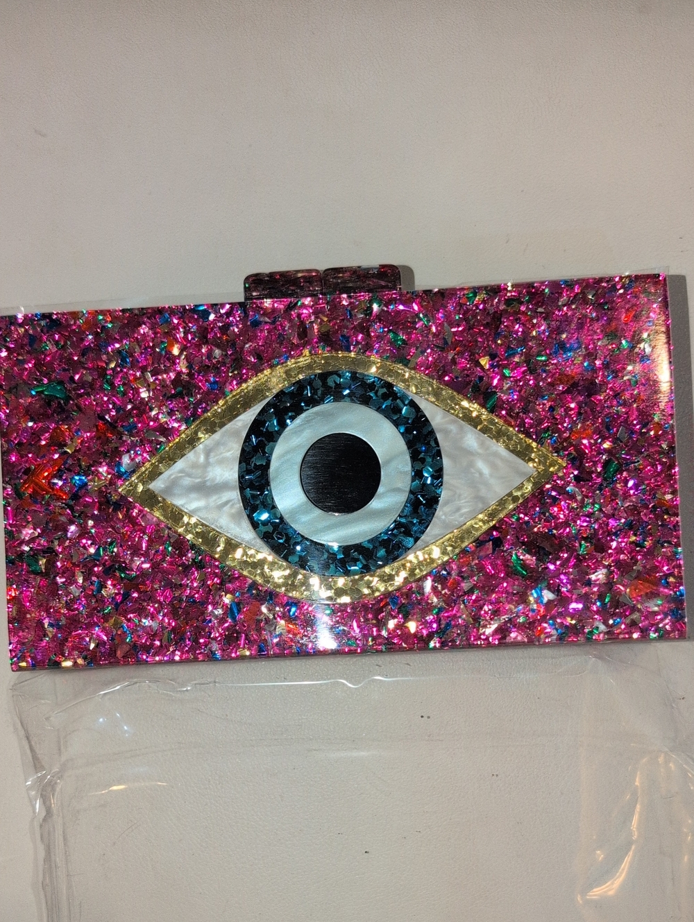 Embellished Evil Eye Clutch in Pink and Blue With Crossbody Strap